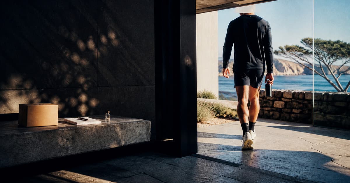Athlete leaving a coastal recovery house beside a notebook, vial, and sealed care package
