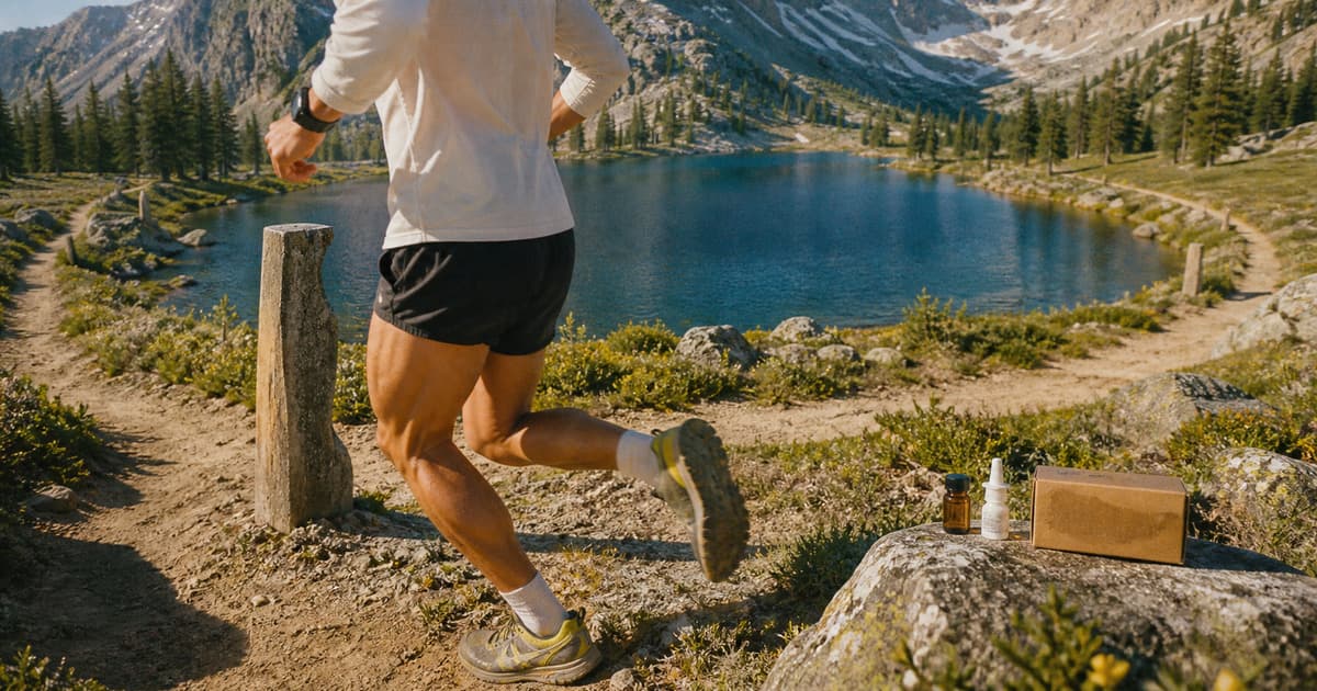 Runner rounding an alpine lake trail marker beside an unlabeled vial, nasal spray, and treatment parcel