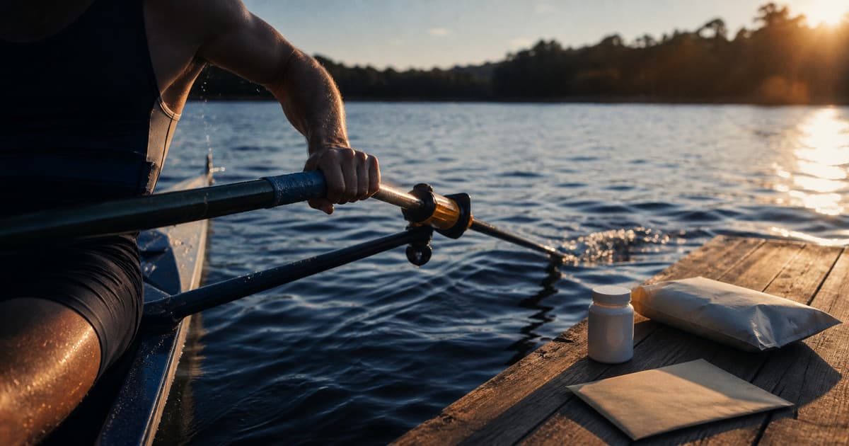 Male rower driving an oar through cobalt water beside an unlabeled tablet bottle and care parcel