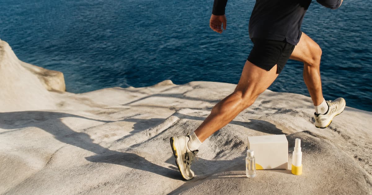 Runner crossing a sunlit coastal rock beside an NAD+ vial, nasal spray, and delivery box