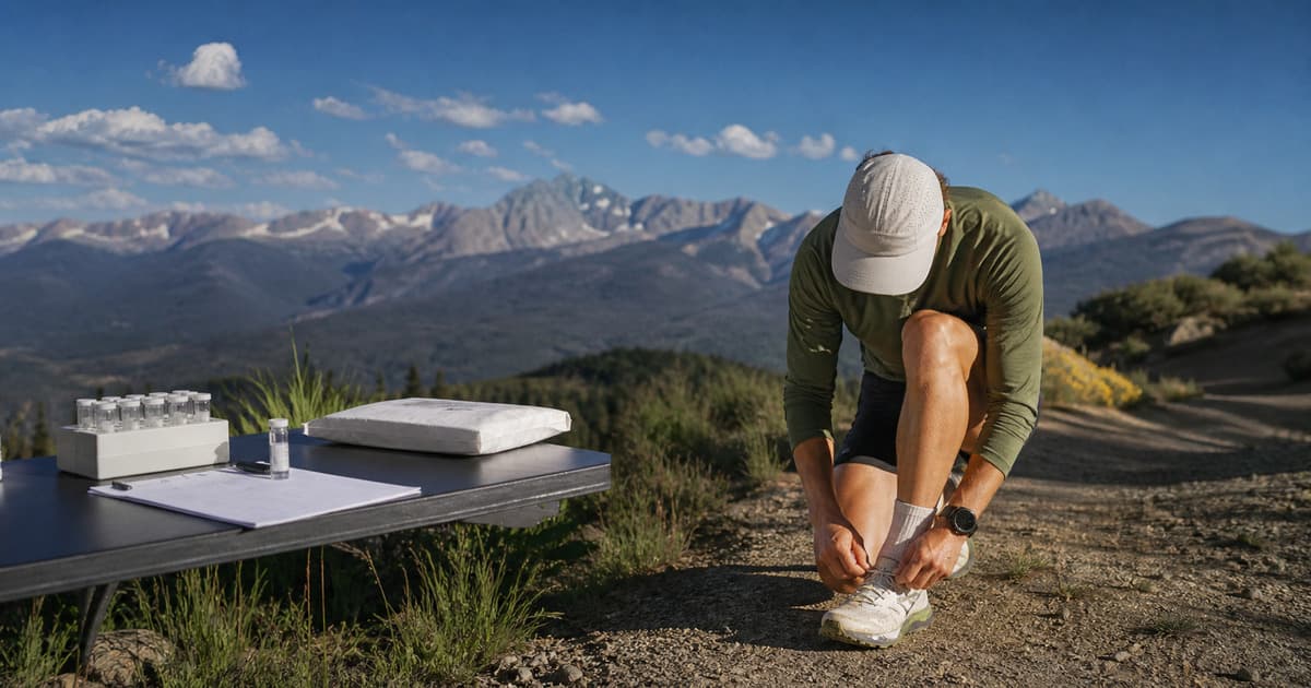 Trail runner tying a shoe beside an unlabeled lab rack, report, vial, and sealed care parcel