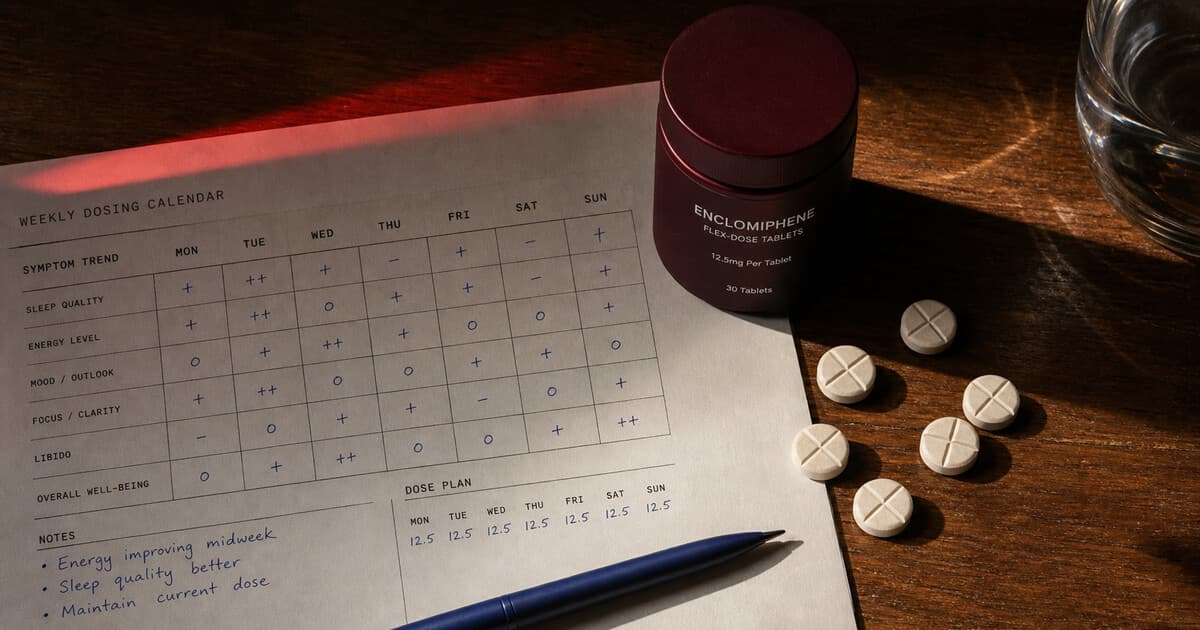 Burgundy Enclomiphene jar and round flex-dose tablets beside a weekly dosing and symptom calendar