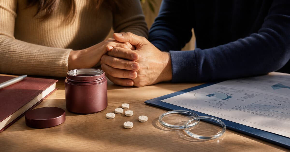 Couple holding hands beside a burgundy Enclomiphene jar, flex-dose tablets, lab paperwork, and interlocking glass circles
