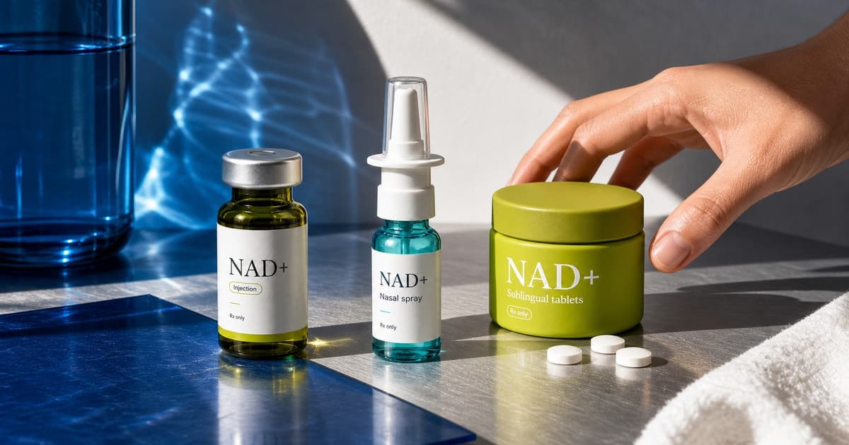 NAD+ injection vial, nasal spray, and sublingual tablets in hard sunlight on cobalt glass and chrome