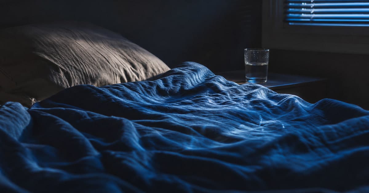 Rumpled indigo bed linen at dawn representing emideltide DSIP and sleep