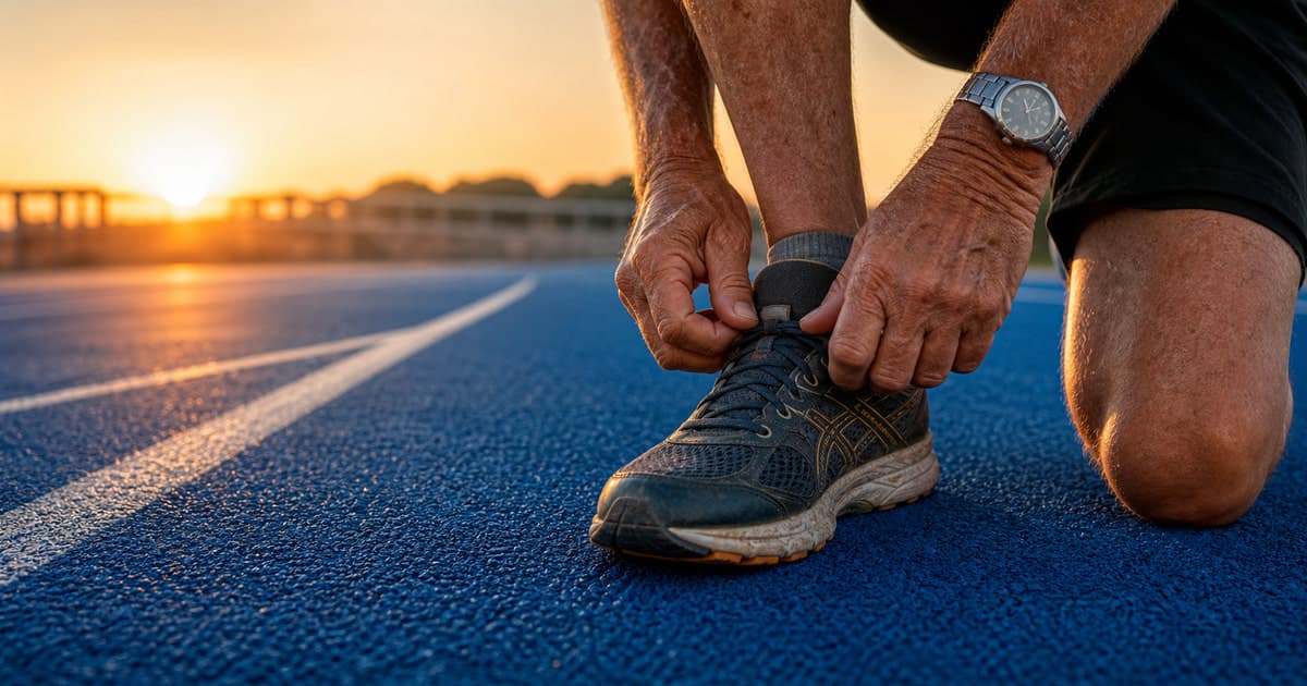 Older hands tying a running shoe at sunrise representing Epitalon and healthy aging