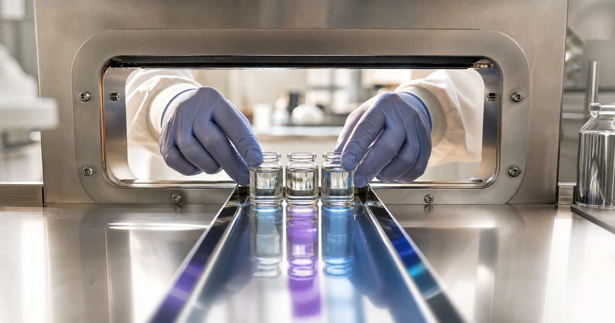 Gloved hands guiding three glass vessels through a pharmacy quality checkpoint