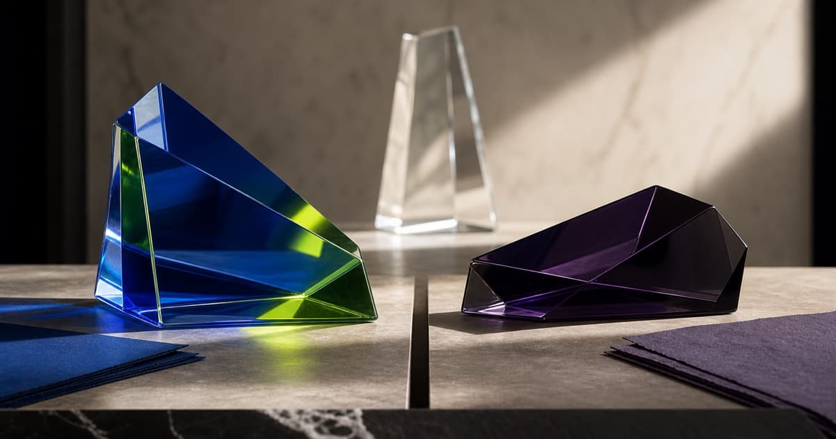 Cobalt and aubergine optical-glass forms representing the split PCAC Day 2 vote