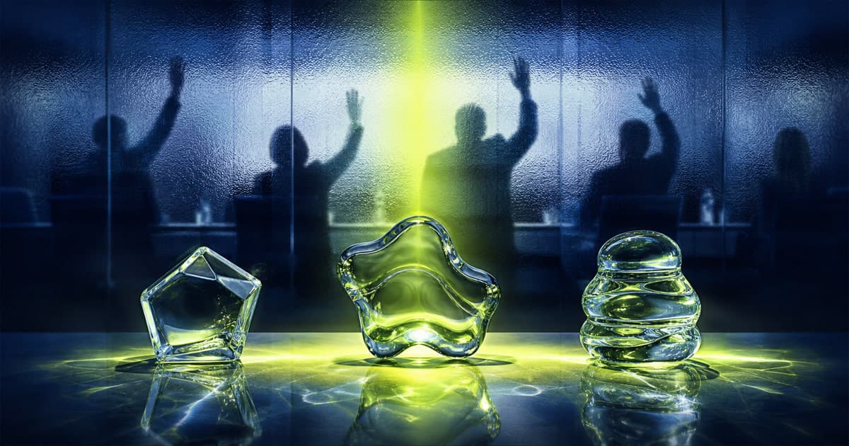 Three illuminated glass forms representing favorable PCAC votes for BPC-157, KPV, and TB-500