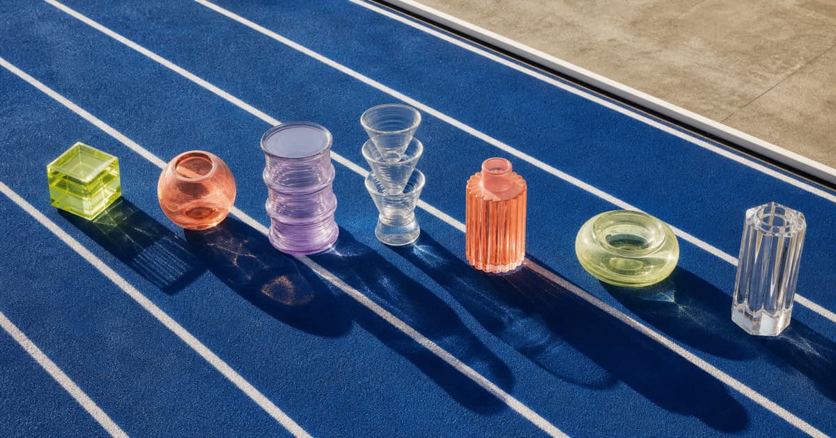 Seven distinct glass forms arranged on cobalt tracks for the July 2026 PCAC peptide schedule