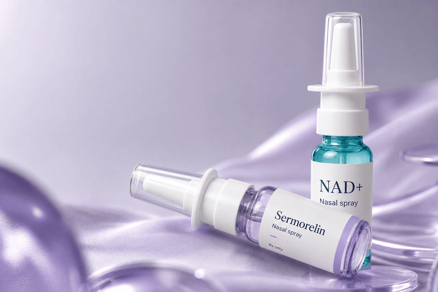 Peptide Nasal Sprays: Semax, NAD+, and Sermorelin shown as a Rebody editorial still life