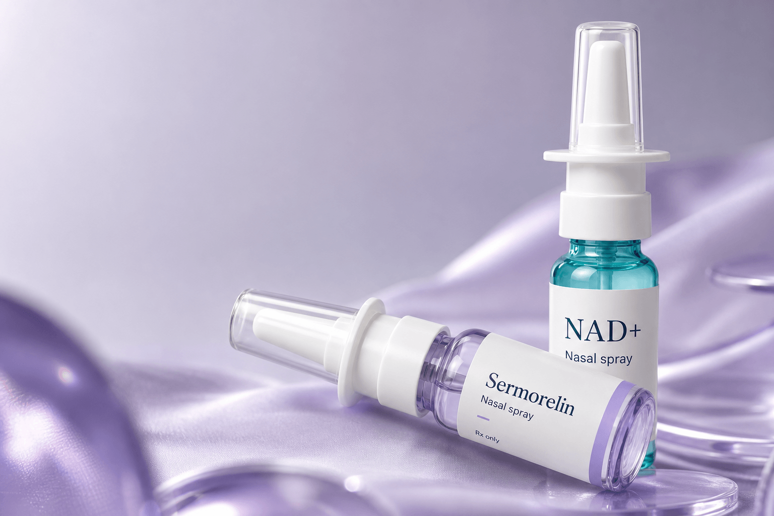Peptide Nasal Sprays: Semax, NAD+, and Sermorelin shown as a Rebody editorial still life