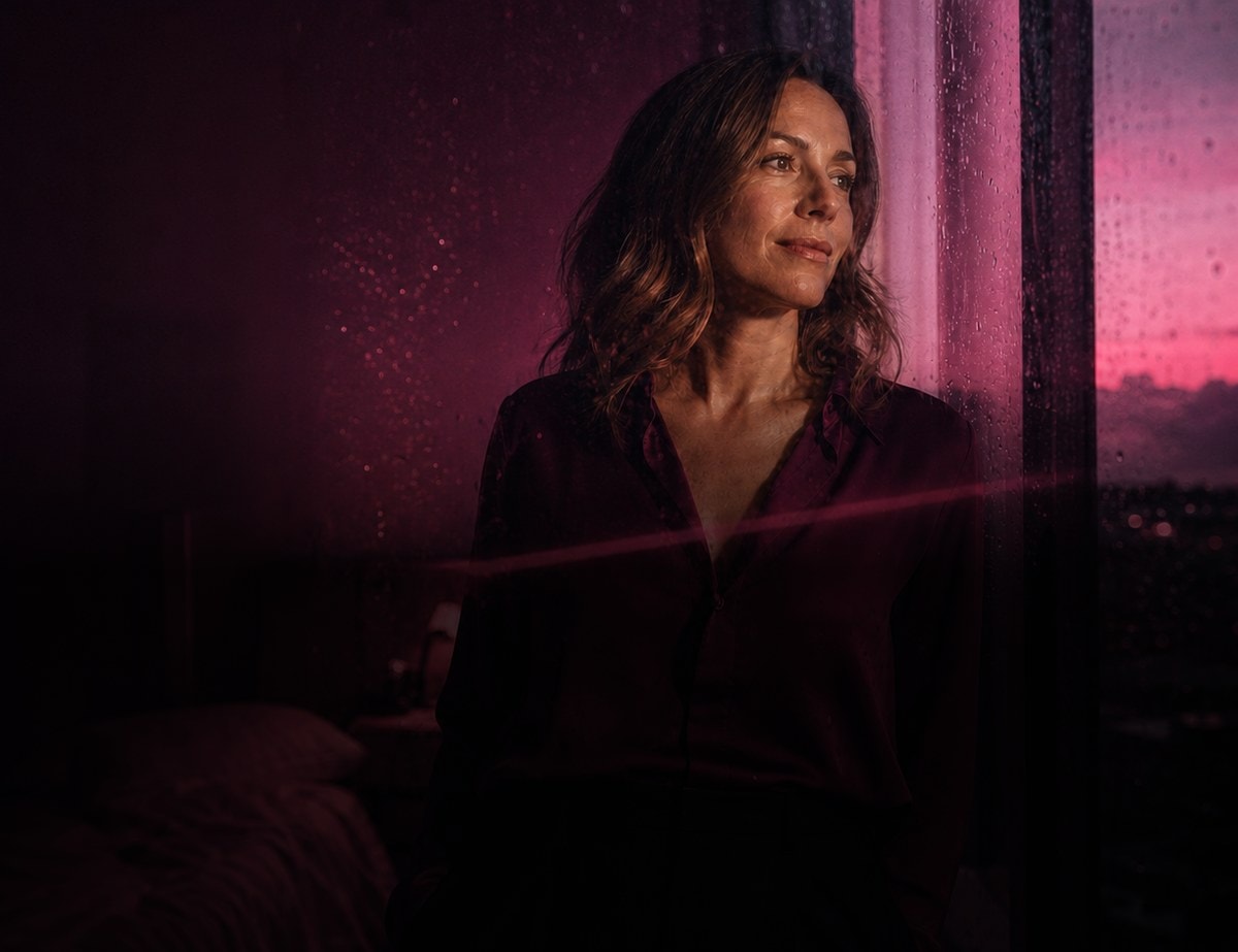A woman standing at a rain-flecked window in low evening light.