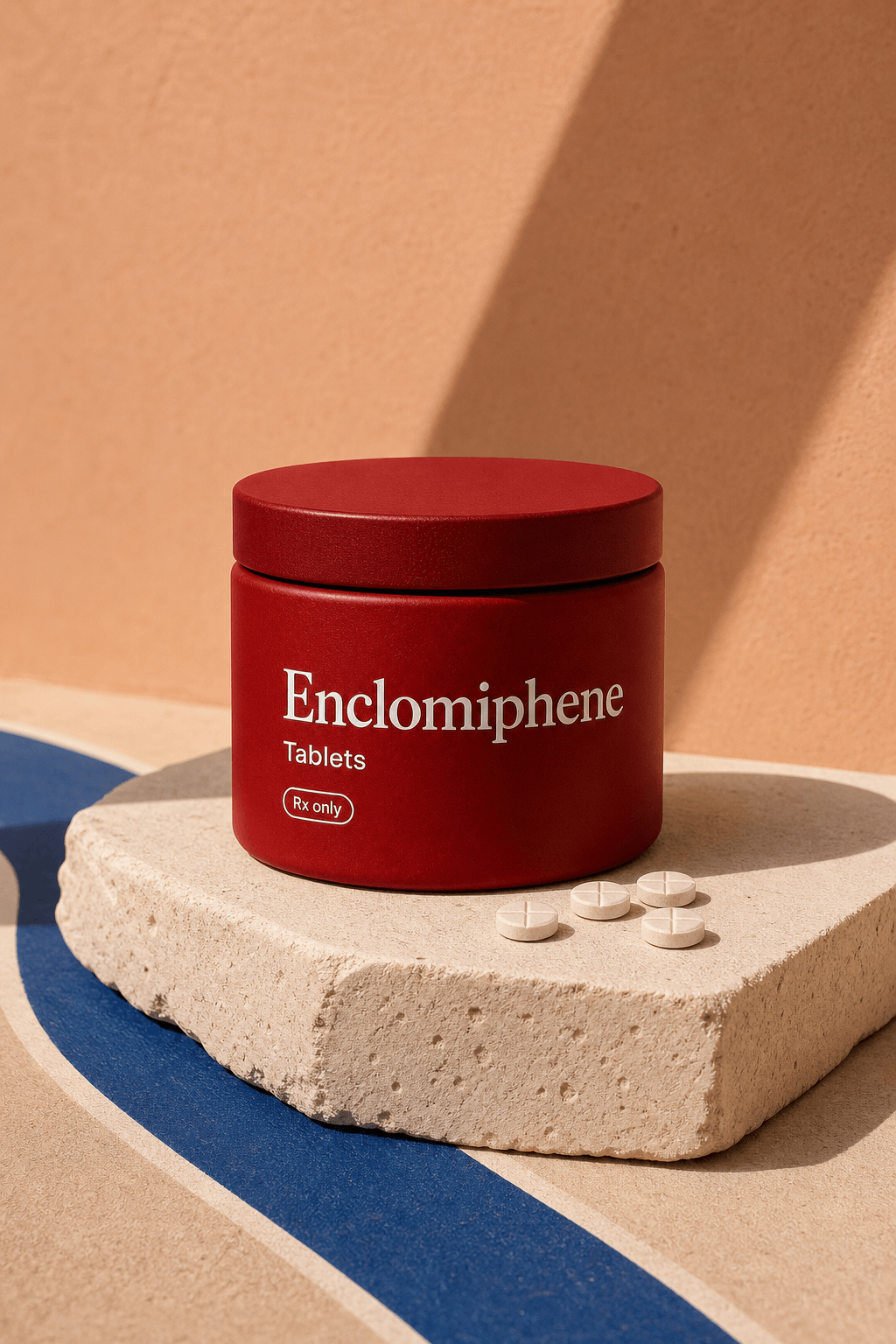 Opaque burgundy Enclomiphene jar with round flex-dose tablets on a stone plinth.