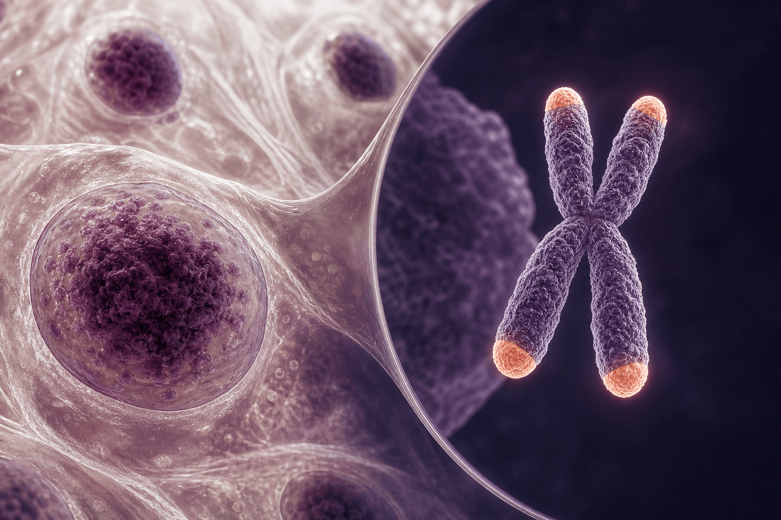 Cultured human cell nuclei beside a chromosome with its telomere ends illuminated.
