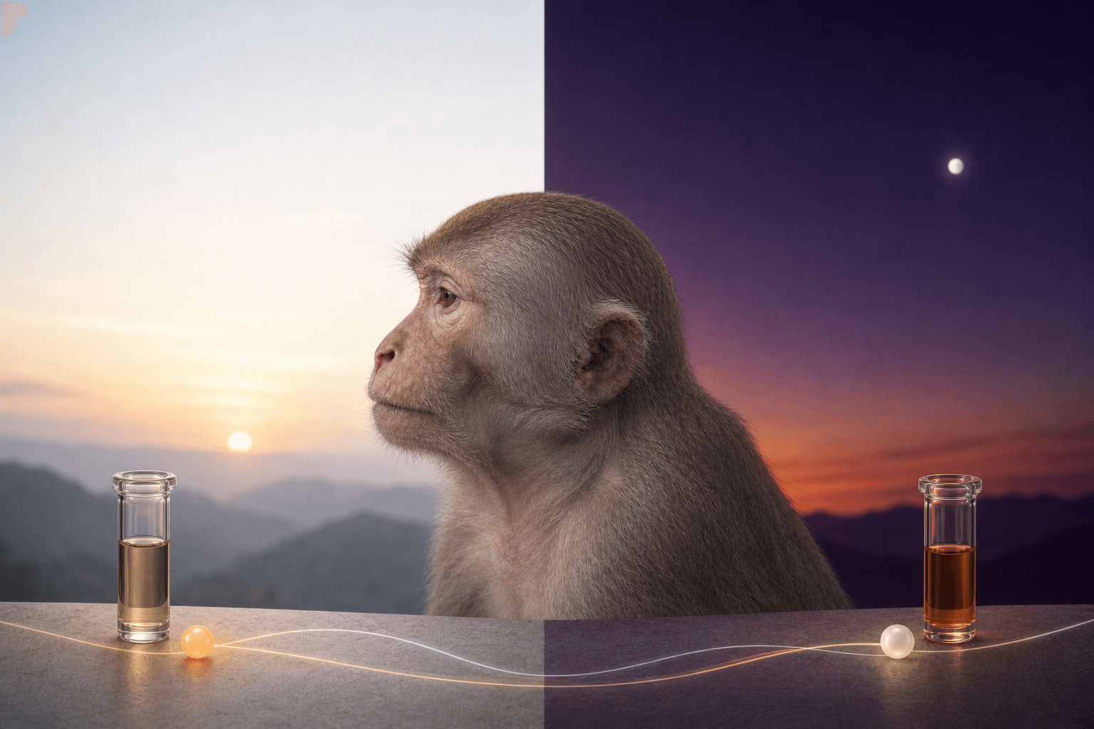 Older rhesus monkey between morning and evening serum-sampling scenes.