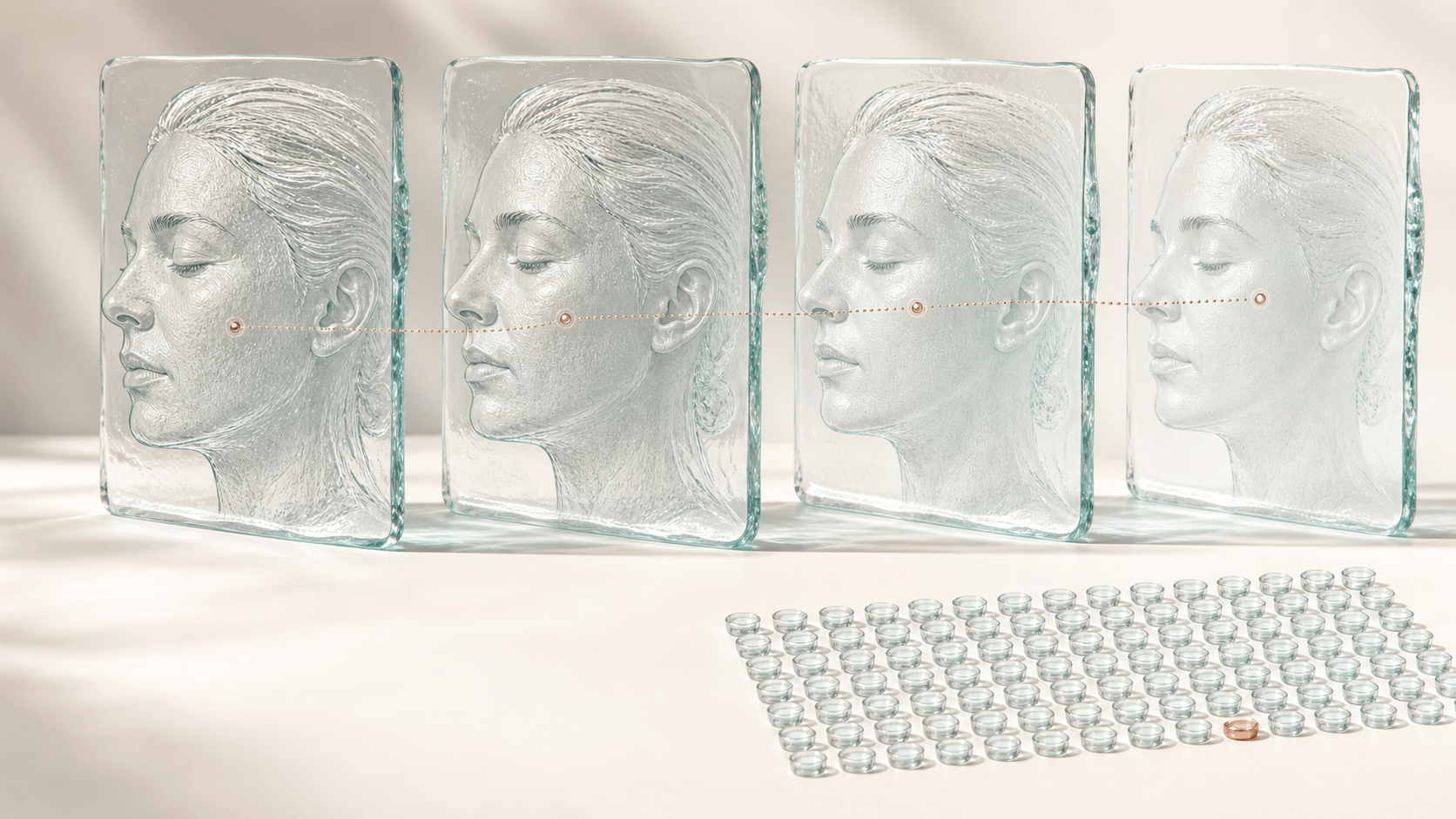 Four glass facial-skin measurement casts connected across a study timeline with a field of participant tokens.