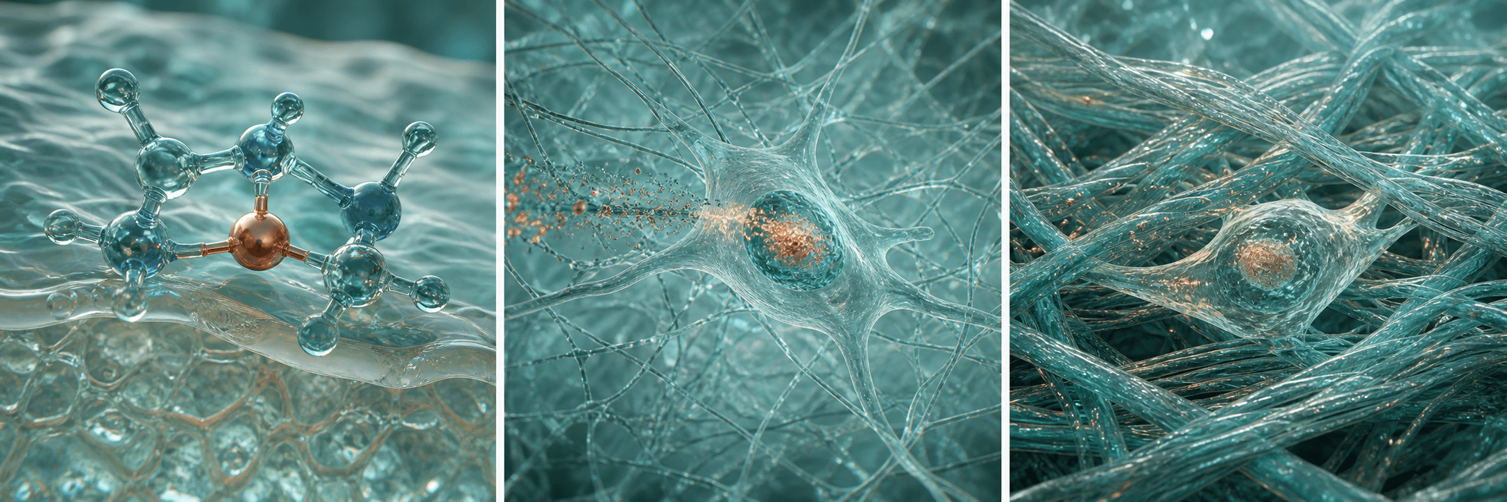 Three-panel glass anatomy sequence showing a copper peptide complex, an active dermal fibroblast, and organized collagen fibers.