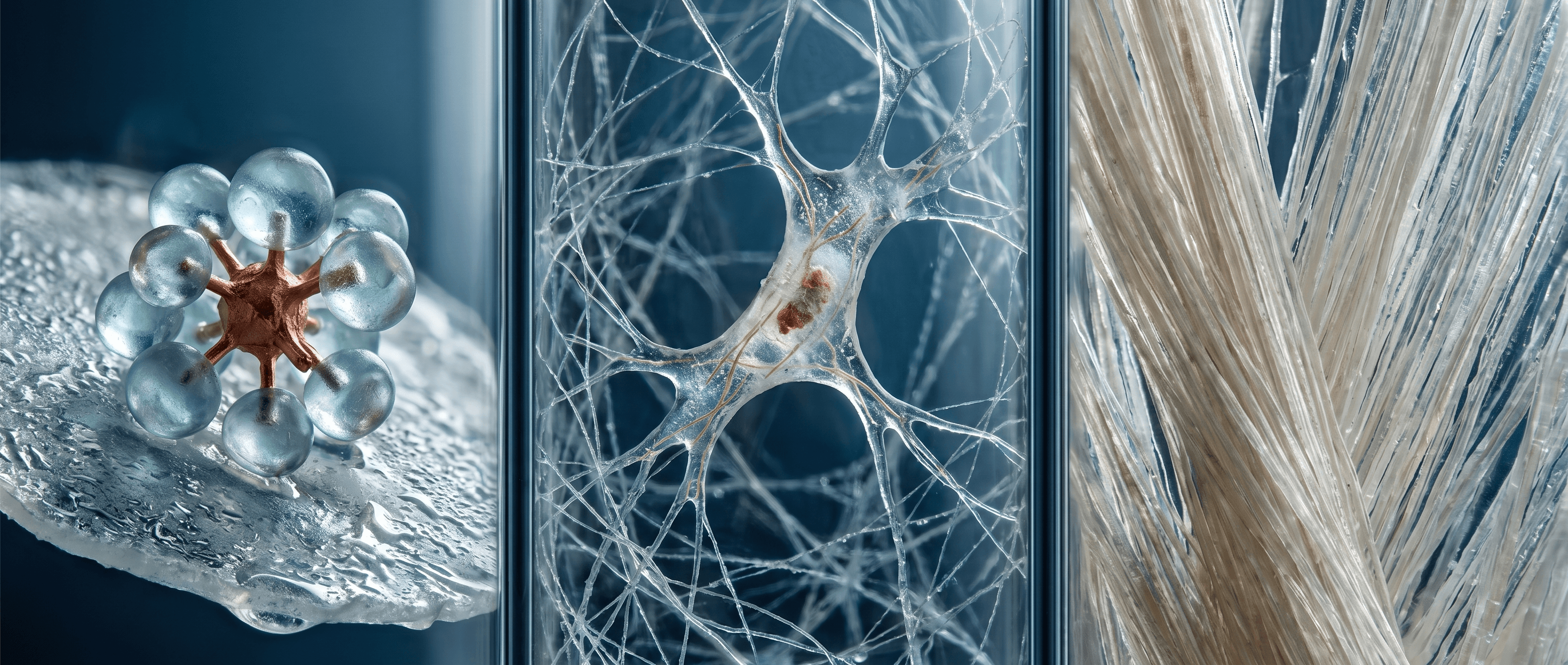 Three glass panels showing a copper peptide complex, a fibroblast, and bundled collagen fibers.