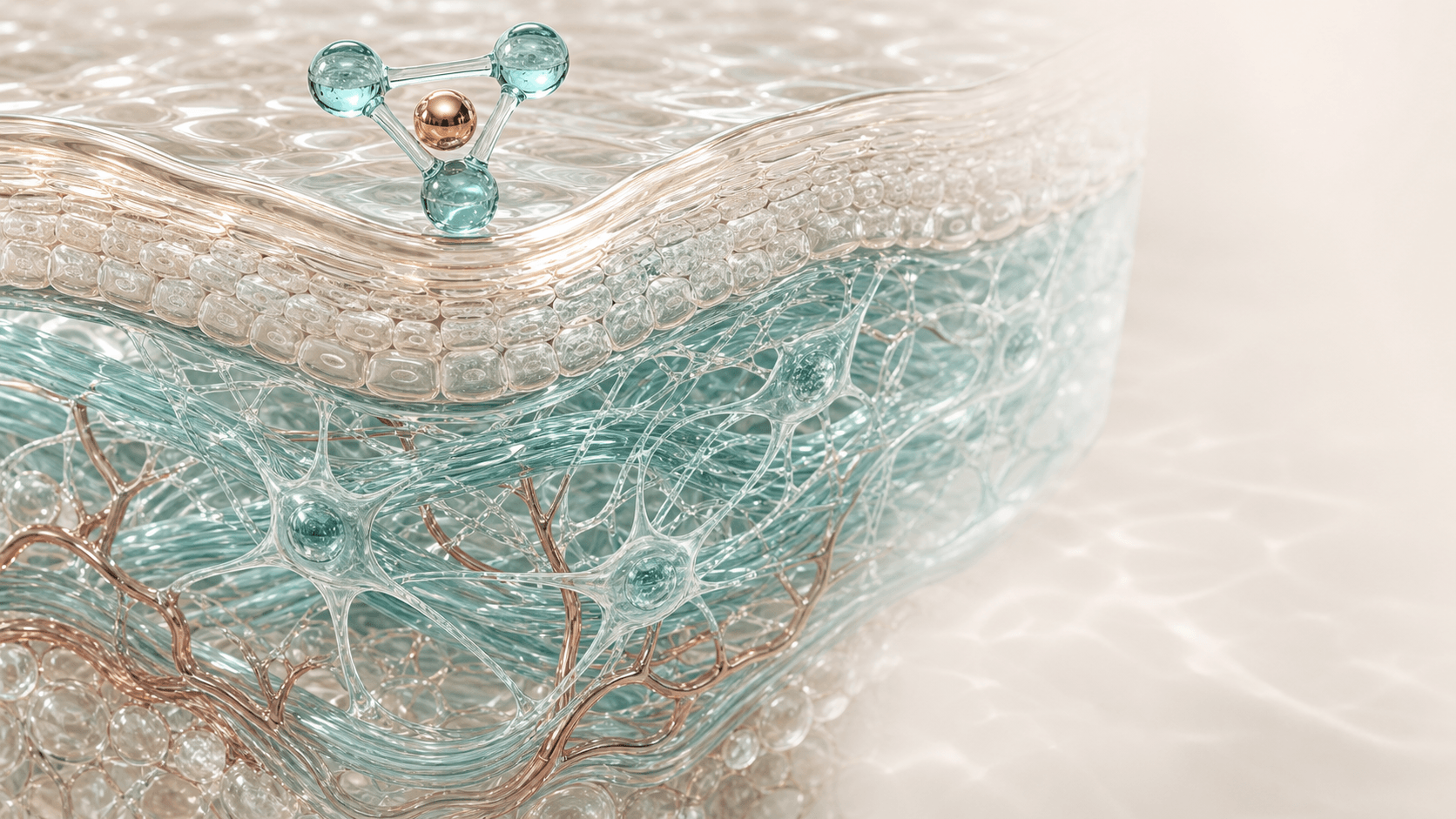 Glass anatomical cross-section of facial skin showing the epidermis, dermis, fibroblasts, collagen fibers, capillaries, and a copper peptide complex at the surface.