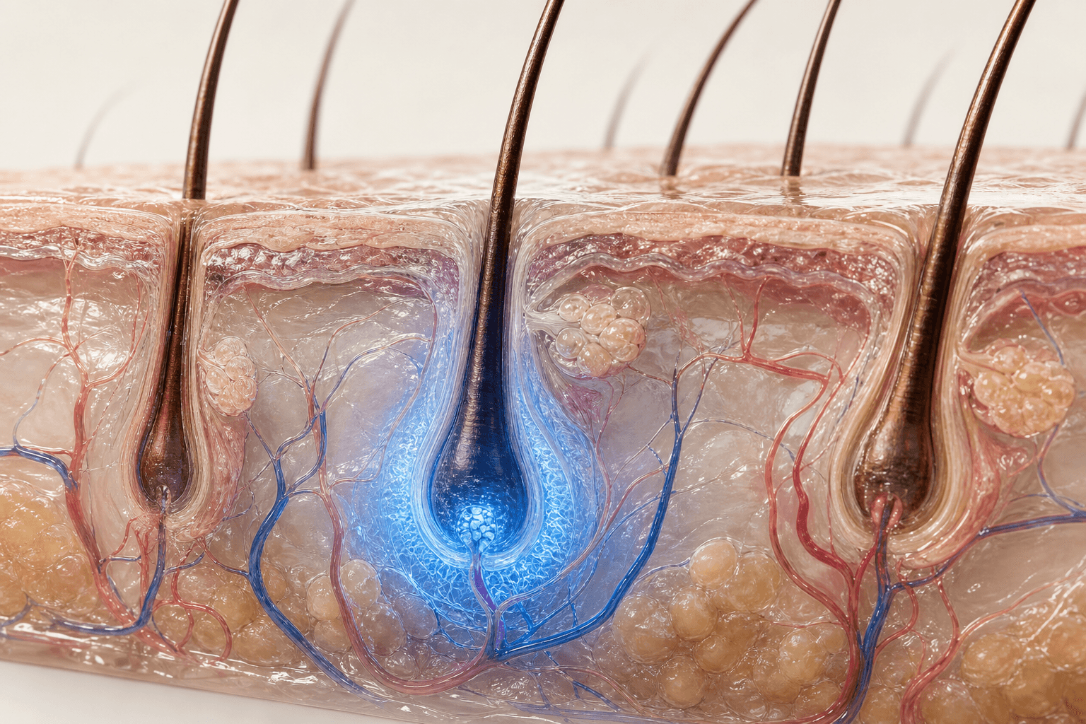 Anatomical cross-section of adult scalp with hair follicles, dermal papillae, glands, and blood vessels.