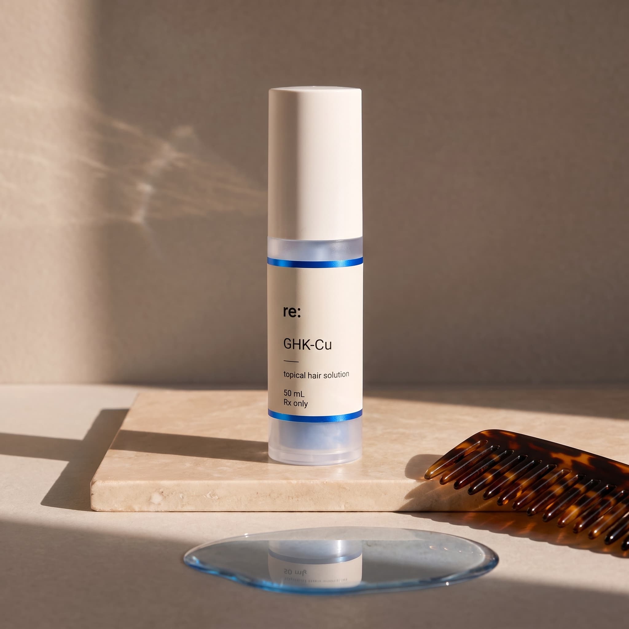 Copper Peptide Scalp Treatments: GHK-Cu 0.5% and 3% shown as a Rebody editorial still life