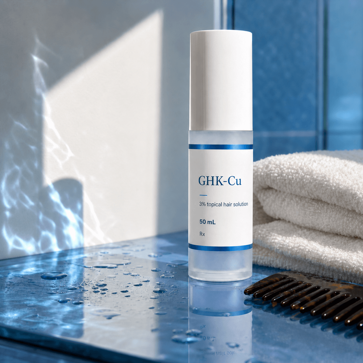 GHK-Cu Scalp Solutions for Shedding and Thinning Hair shown as a Rebody editorial still life