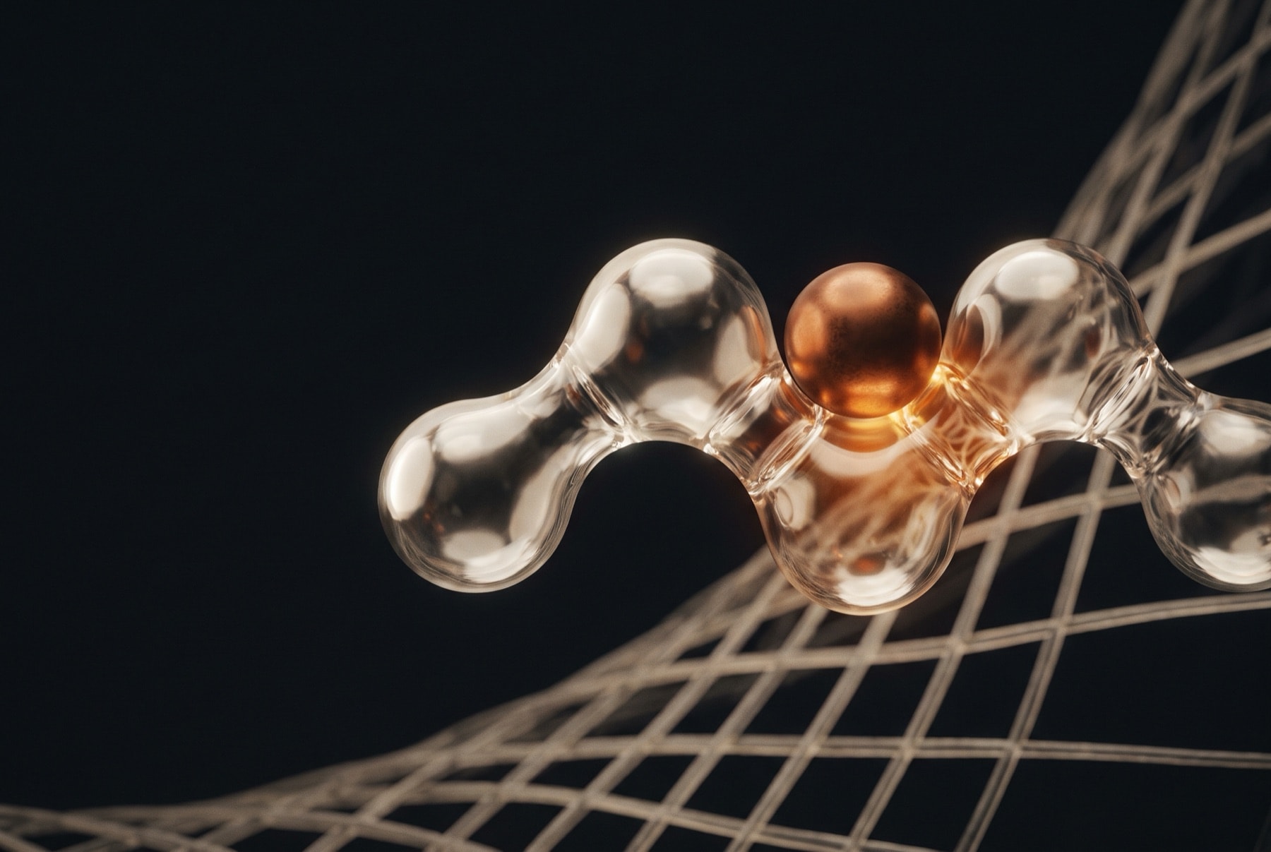 Three linked glass peptide units holding a single burnished copper sphere above a pale collagen lattice in a dark field.