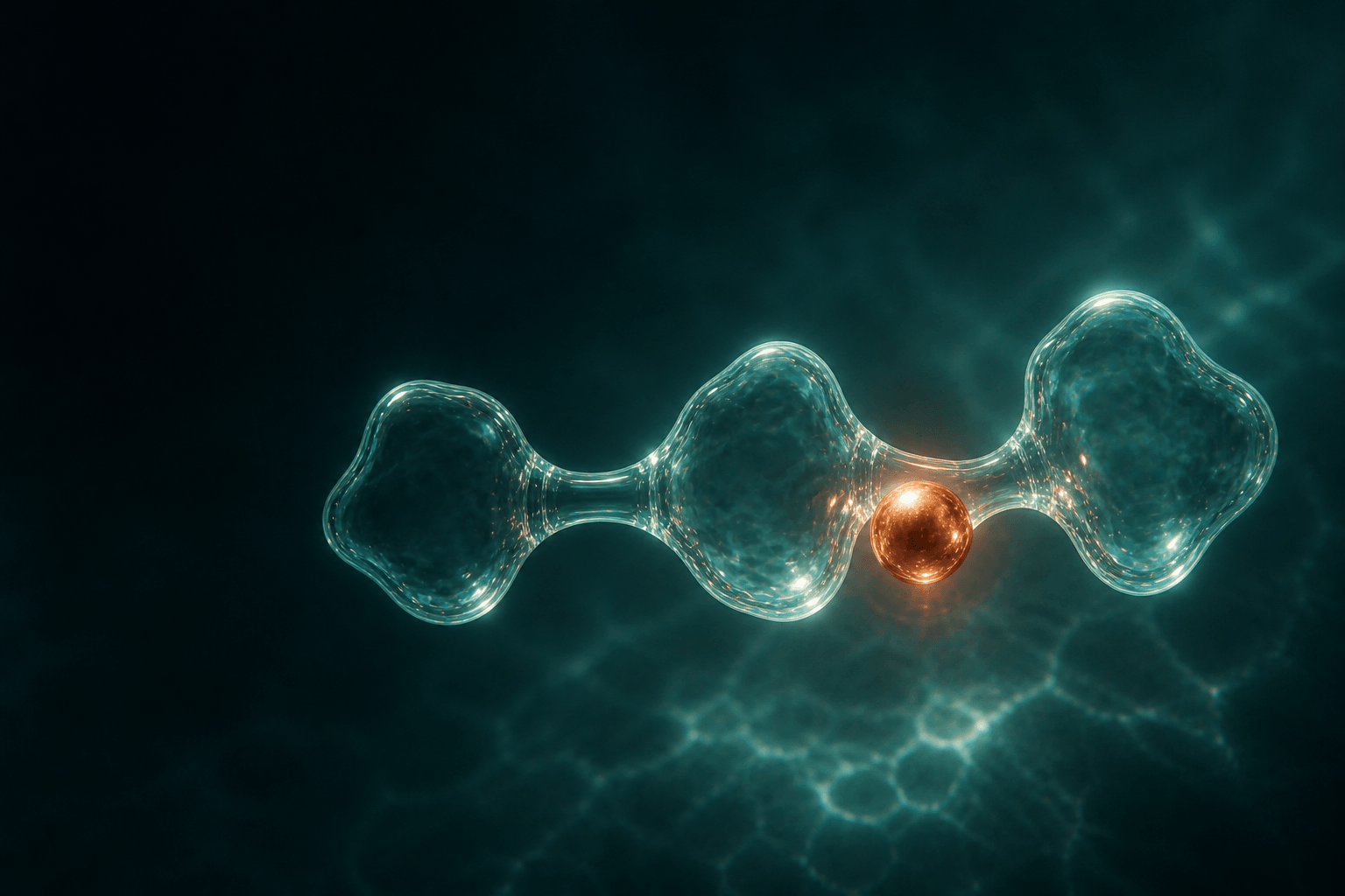Three linked sea-glass peptide units beside one copper-colored ion, representing the three-amino-acid GHK chain bound to copper.