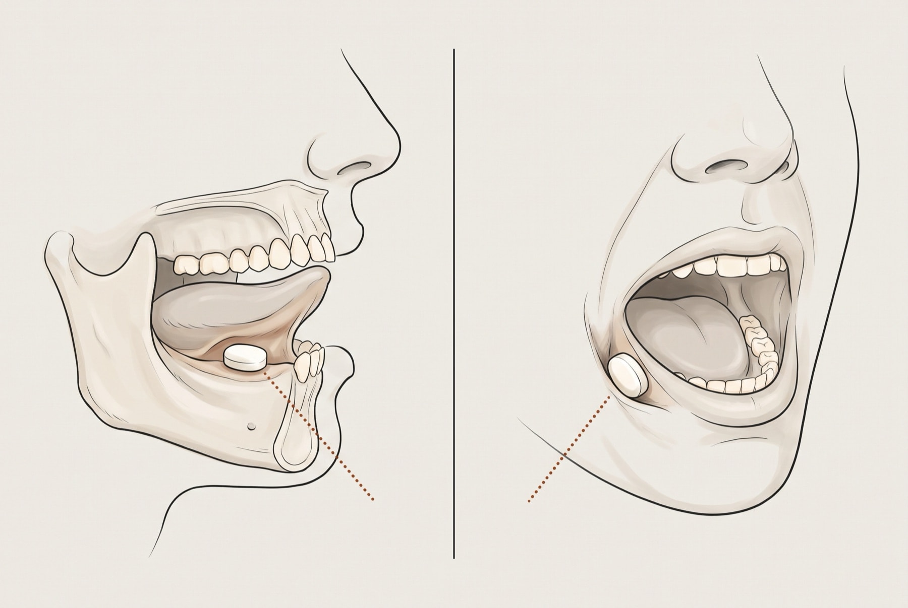 A two-panel ink-on-bone diagram: a troche resting under the raised tongue on the left, and a troche tucked between the lower gum and cheek on the right.