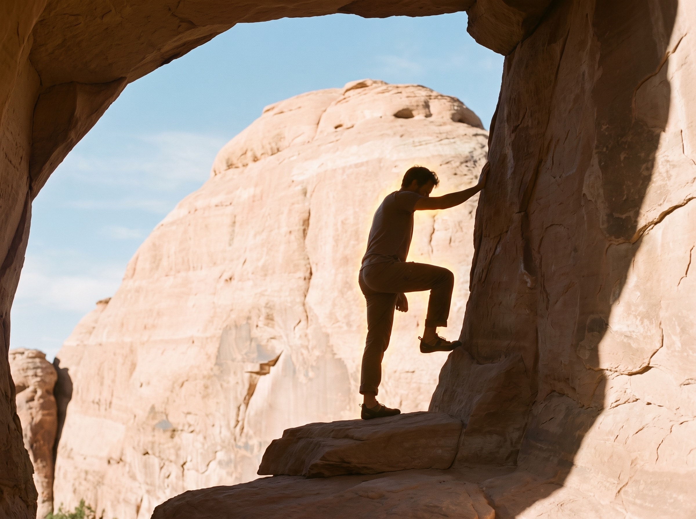 A climber steps up through a sunlit desert arch.