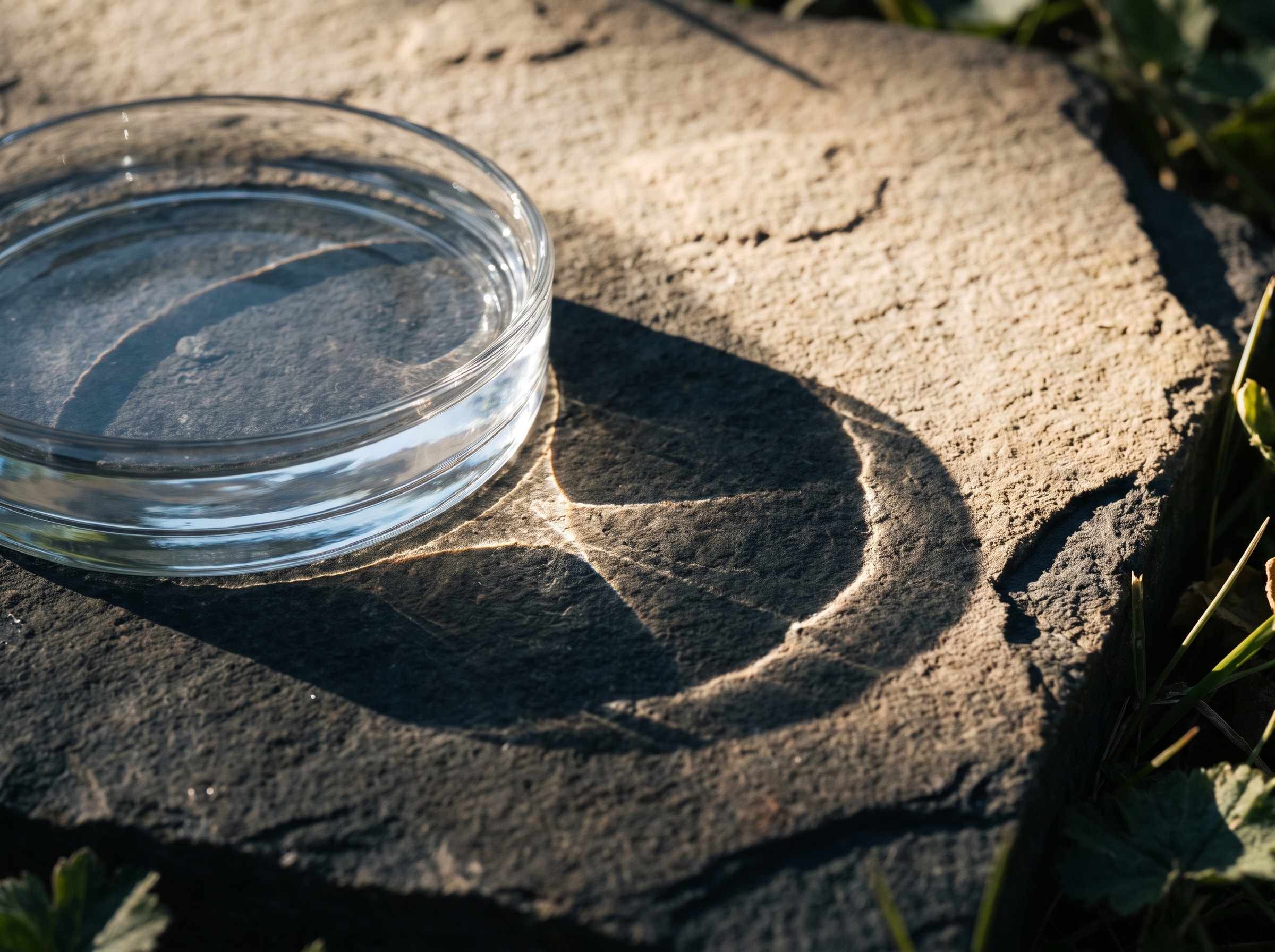 Still water in a shallow stone dish catching daylight.
