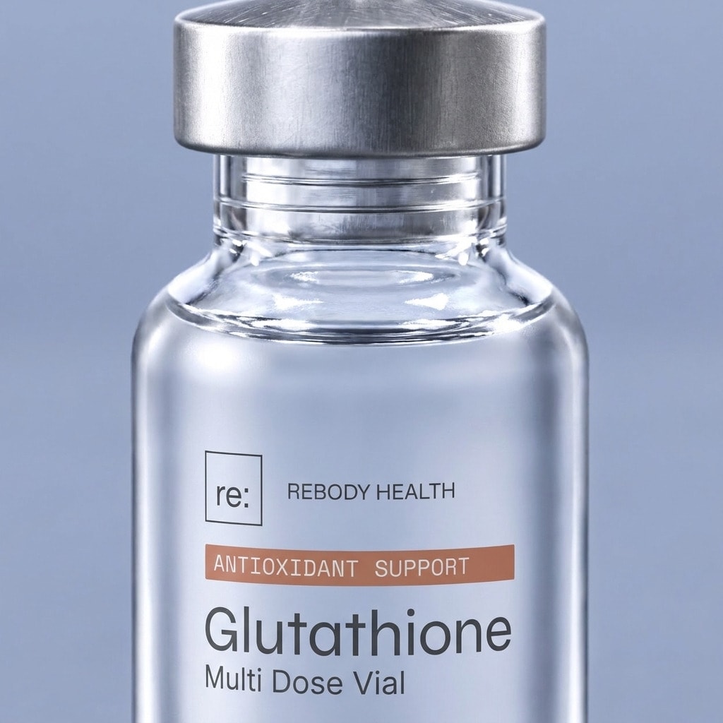A close-up of the glutathione vial label and silver cap.