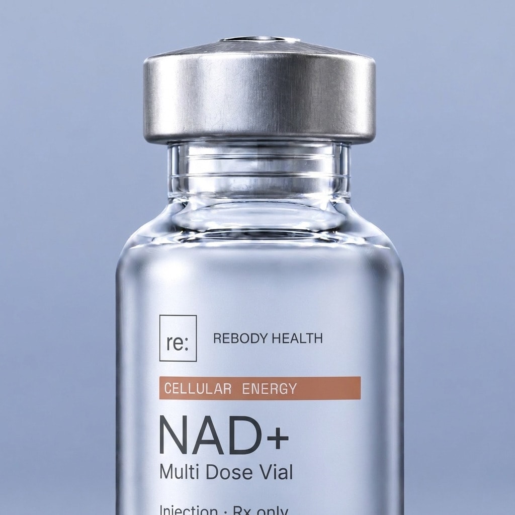 A close-up of the NAD+ vial's silver crimp cap and label.