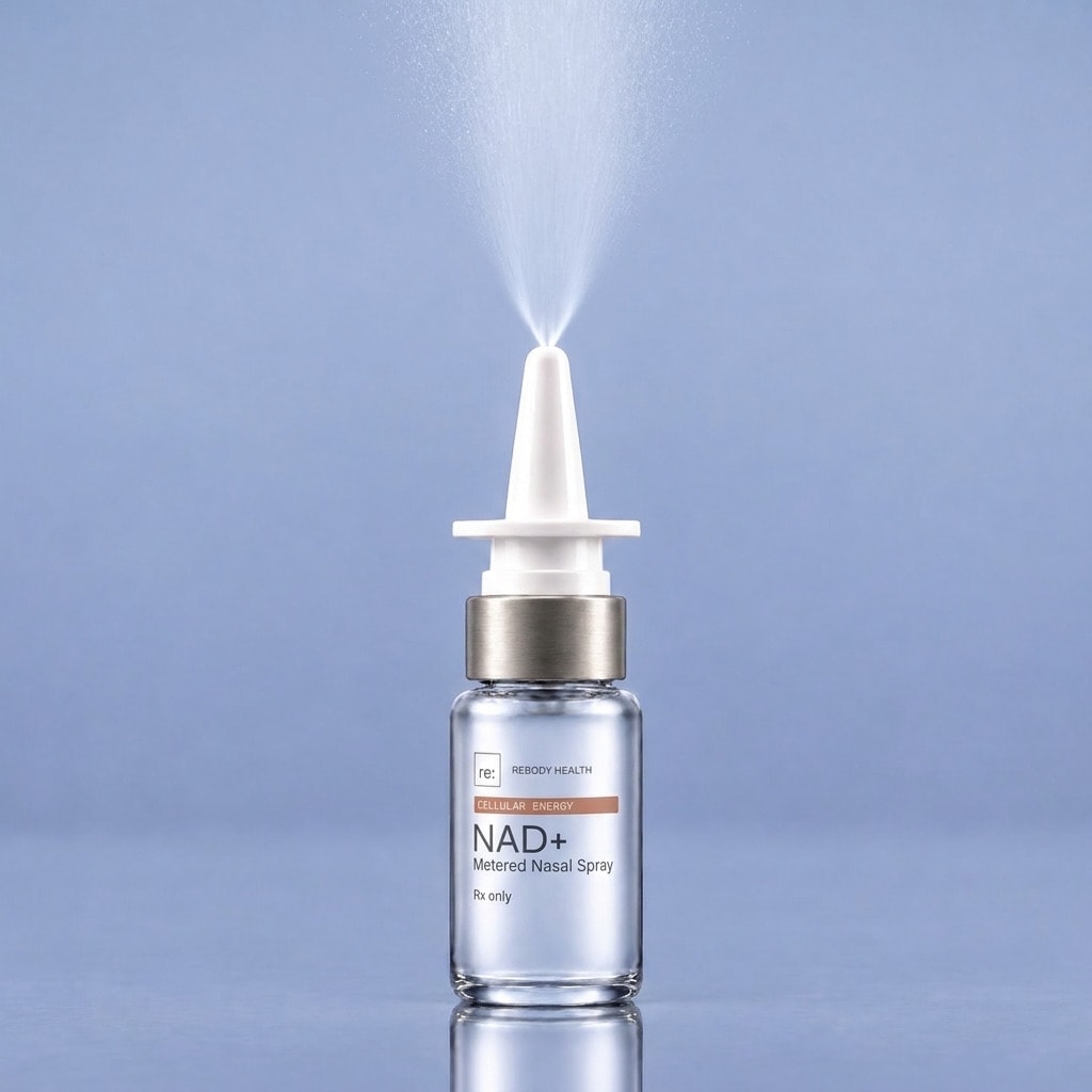 The NAD+ nasal spray pump releasing a fine mist.