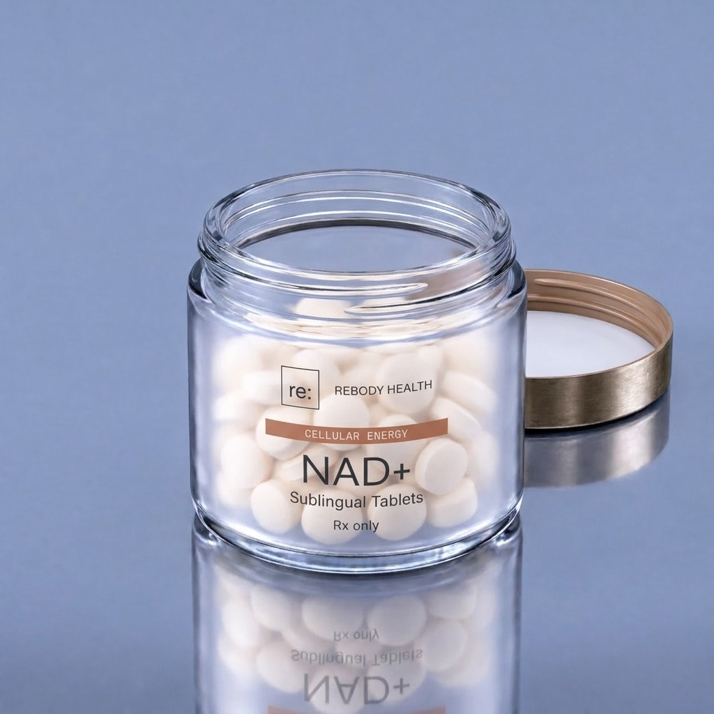 An open jar of NAD+ sublingual tablets with its silver lid set aside.