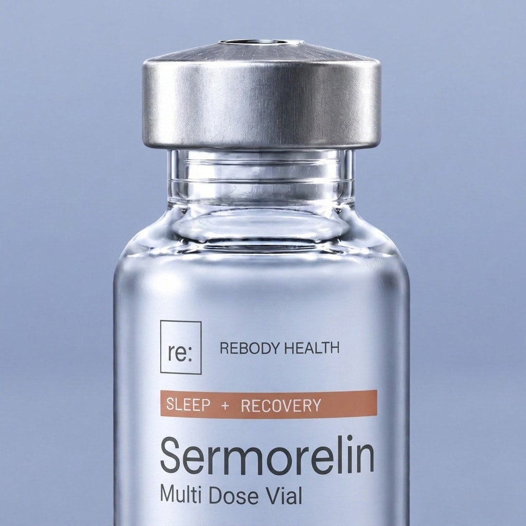 A close-up of the Sermorelin vial cap and label.