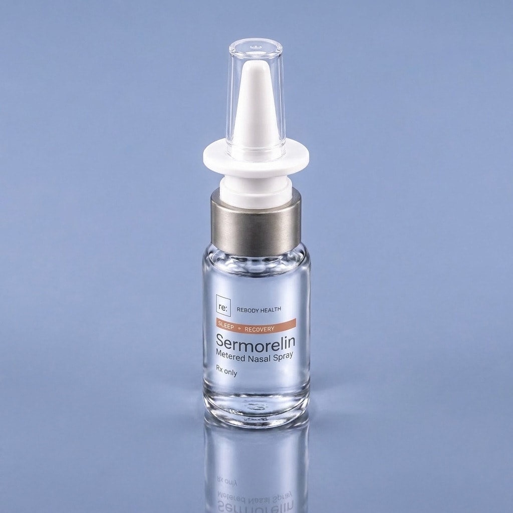 The Sermorelin nasal spray from a three-quarter angle.