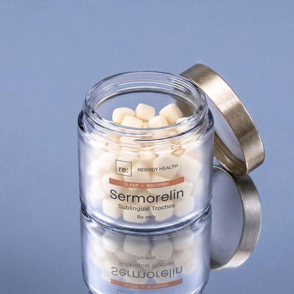 The Sermorelin troche jar open, full of white troches.
