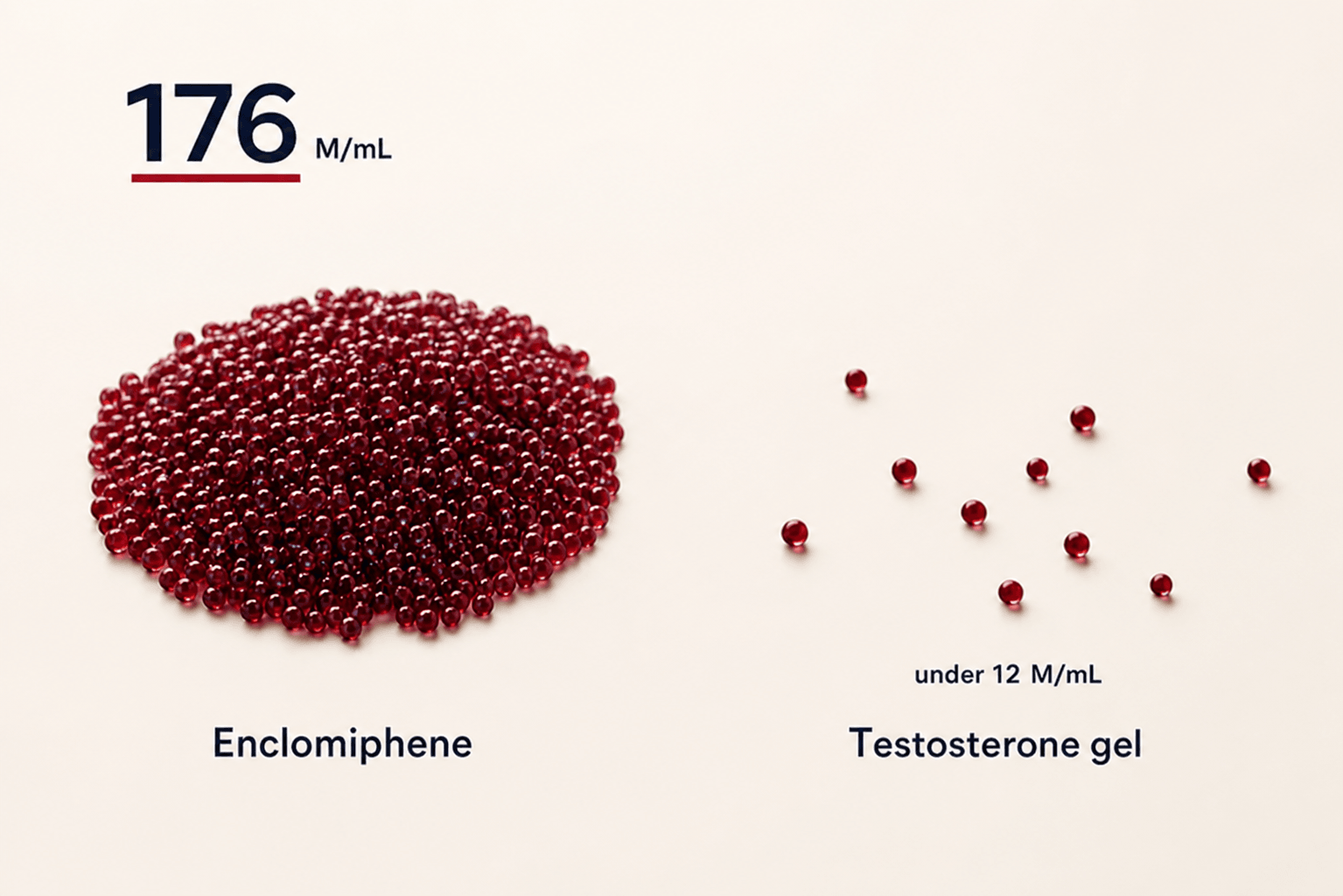 A dense cluster of red beads beside a sparse scattered few: after 3 months, mean sperm concentration was about 176 million/mL on enclomiphene versus under 12 million/mL on topical testosterone gel; both raised testosterone into the normal range.