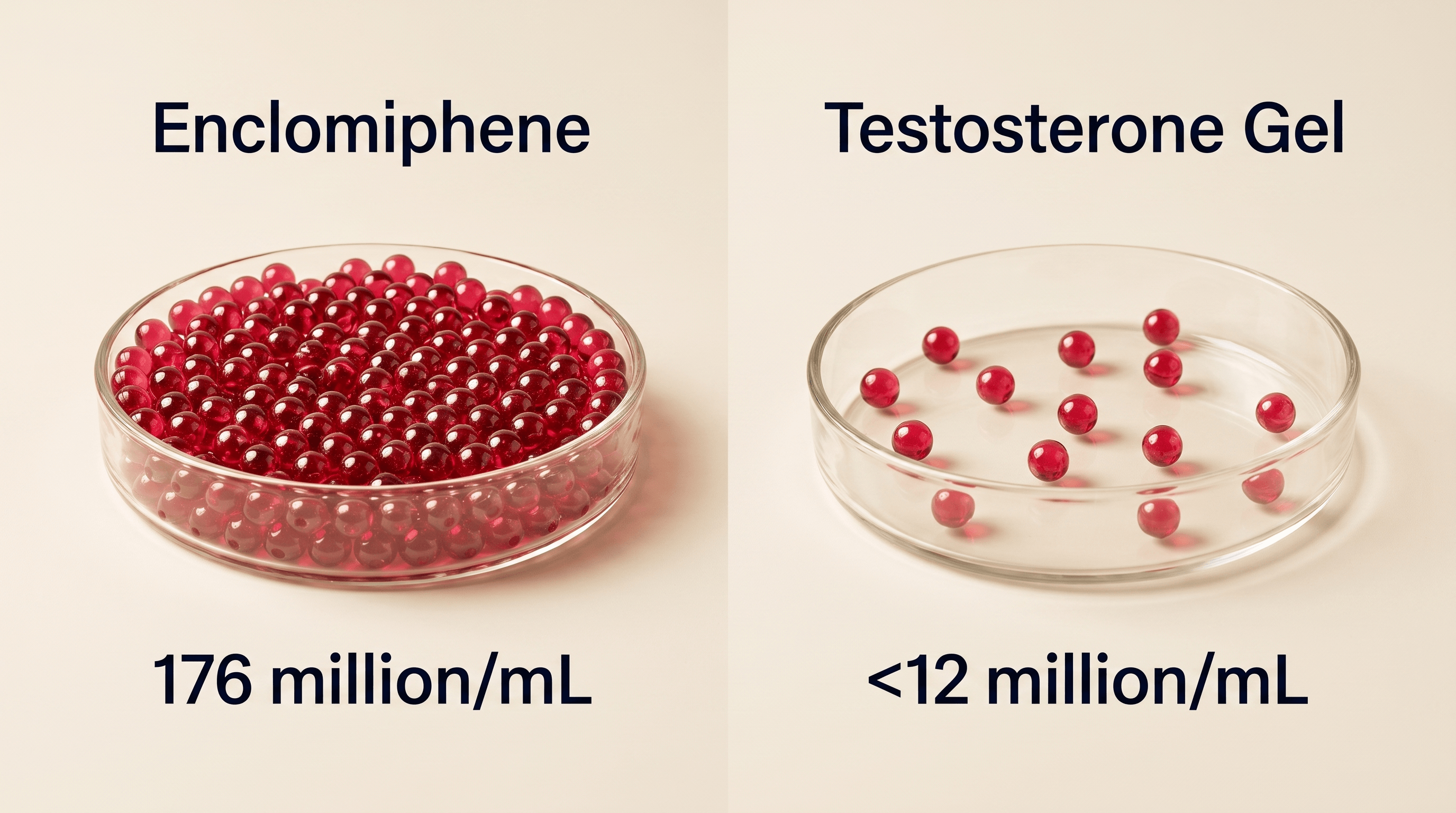 A dense cluster of red beads beside a sparse scattered few: after 3 months, mean sperm concentration was about 176 million/mL on enclomiphene versus under 12 million/mL on topical testosterone gel; both raised testosterone into the normal range.
