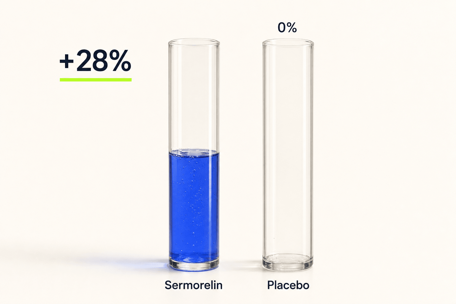 A partly filled glass cylinder of cobalt liquid beside an empty one: serum IGF-1 rose about 28% with sermorelin-class (GHRH 1-29) therapy over 16 weeks, versus no meaningful change during the placebo phase.