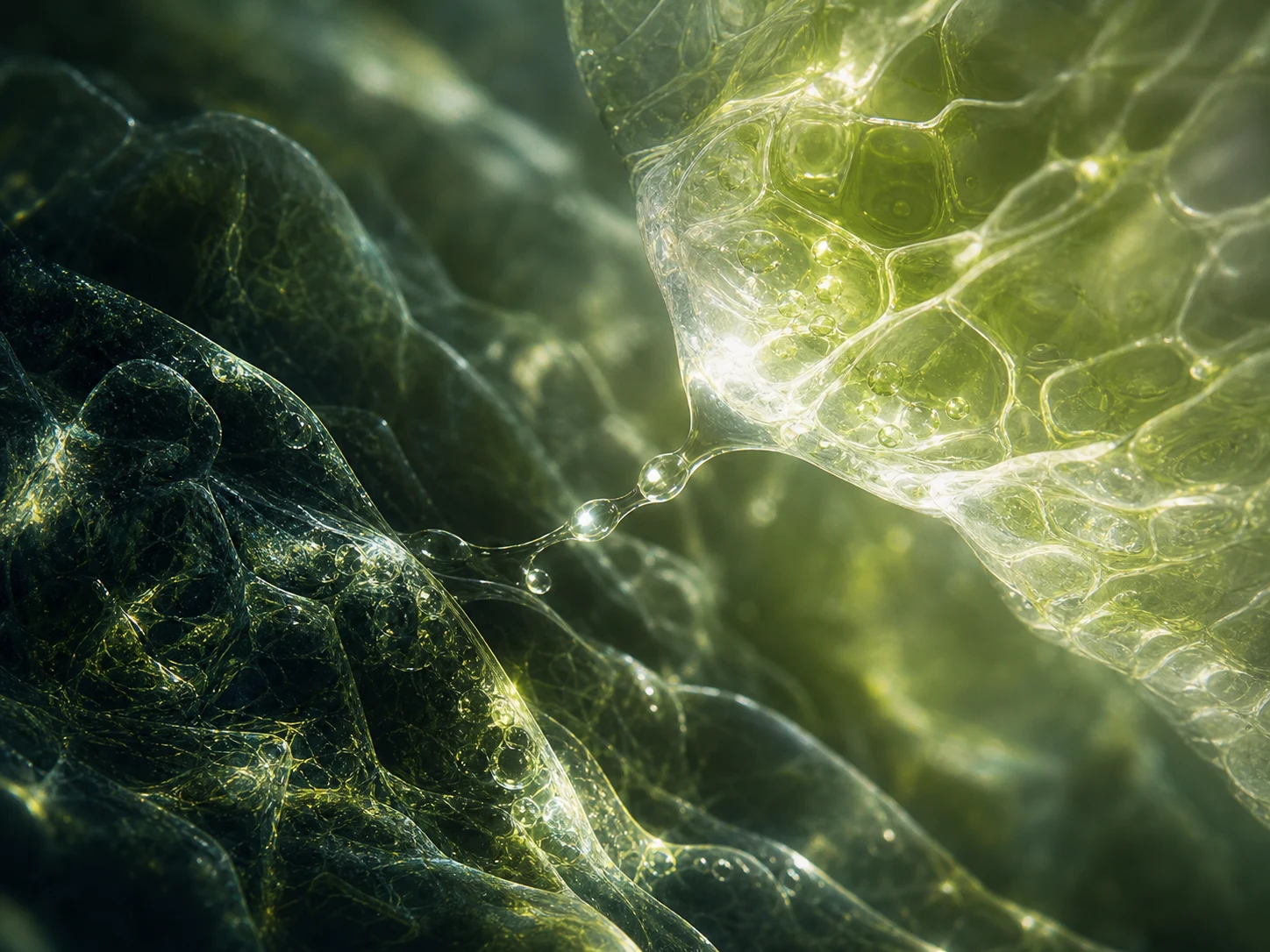 Translucent green cellular material joined by a bright liquid bridge.