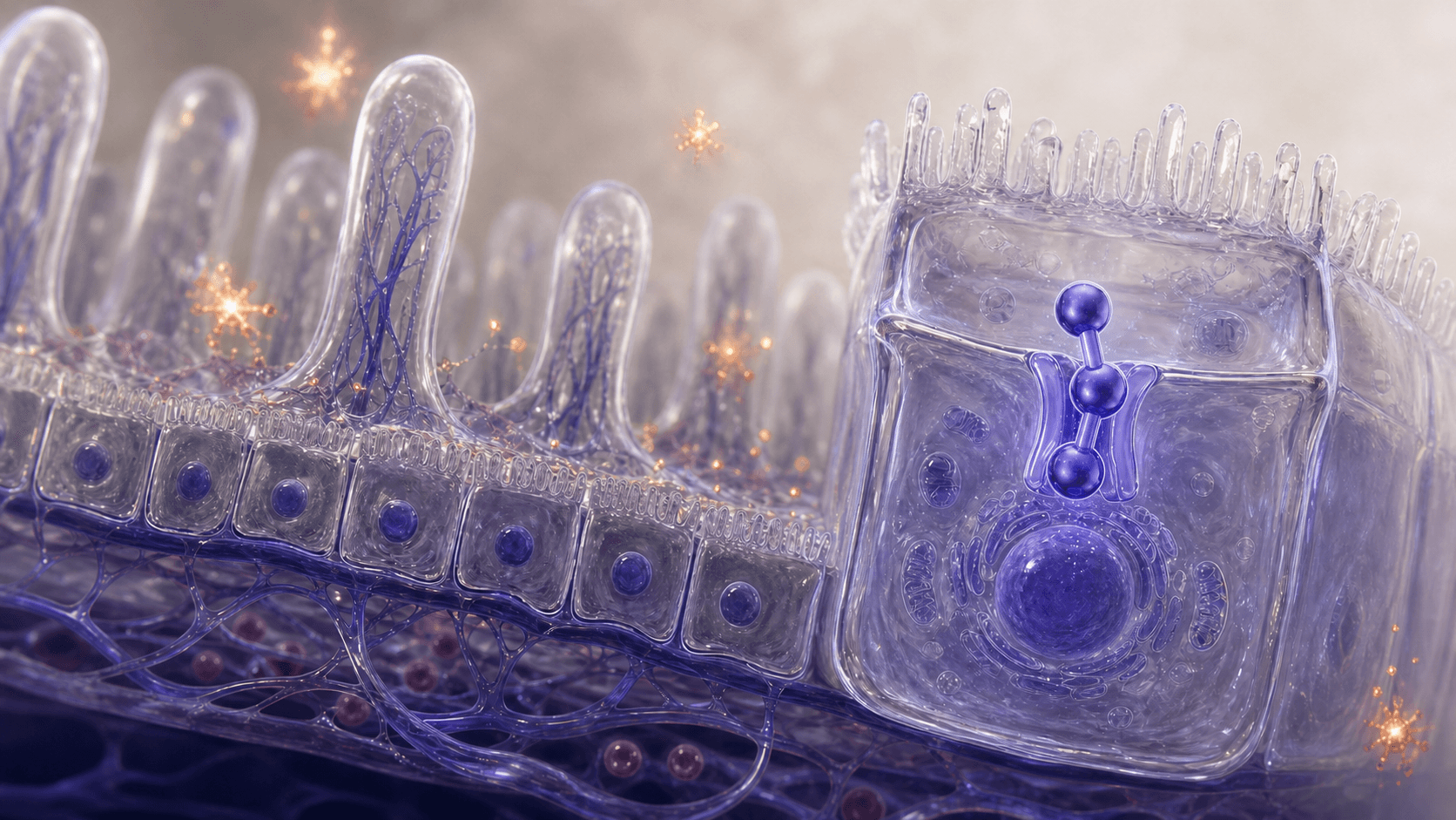 Glass intestinal epithelium showing KPV crossing a PepT1 transporter.