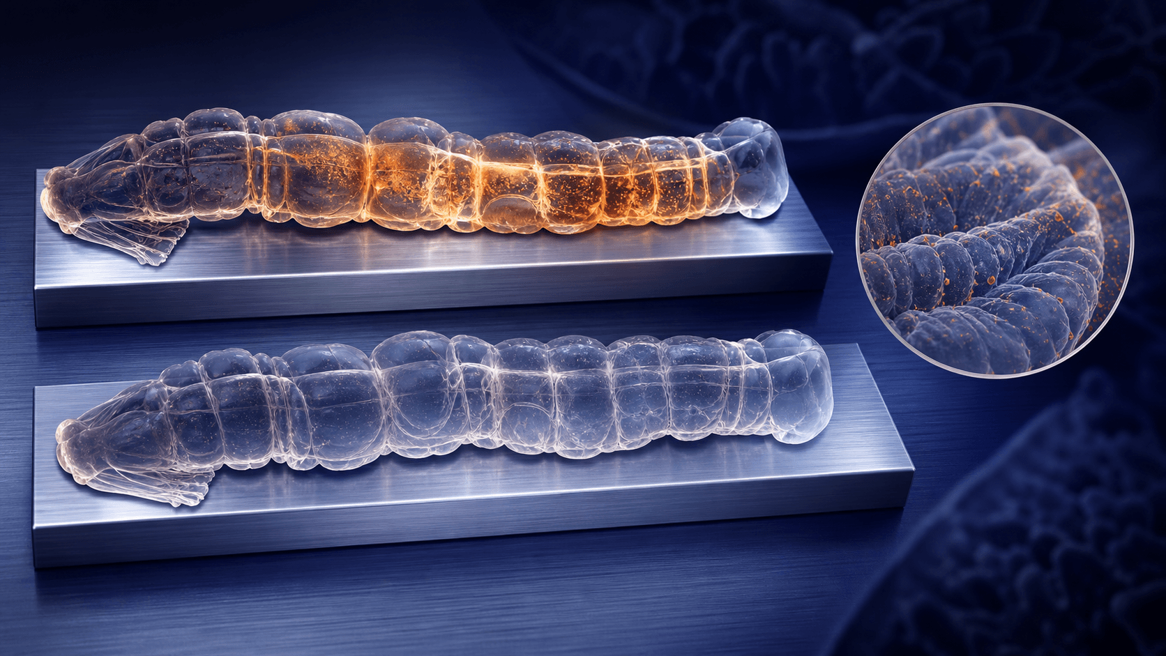 Translucent colon tissue specimens illustrating inflammation measured in mouse models.
