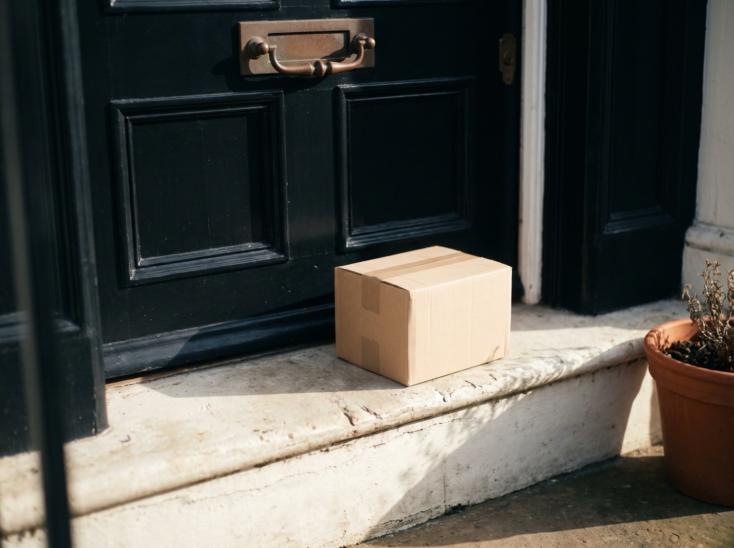 A plain cardboard box waiting on a sunlit doorstep in front of a dark front door.