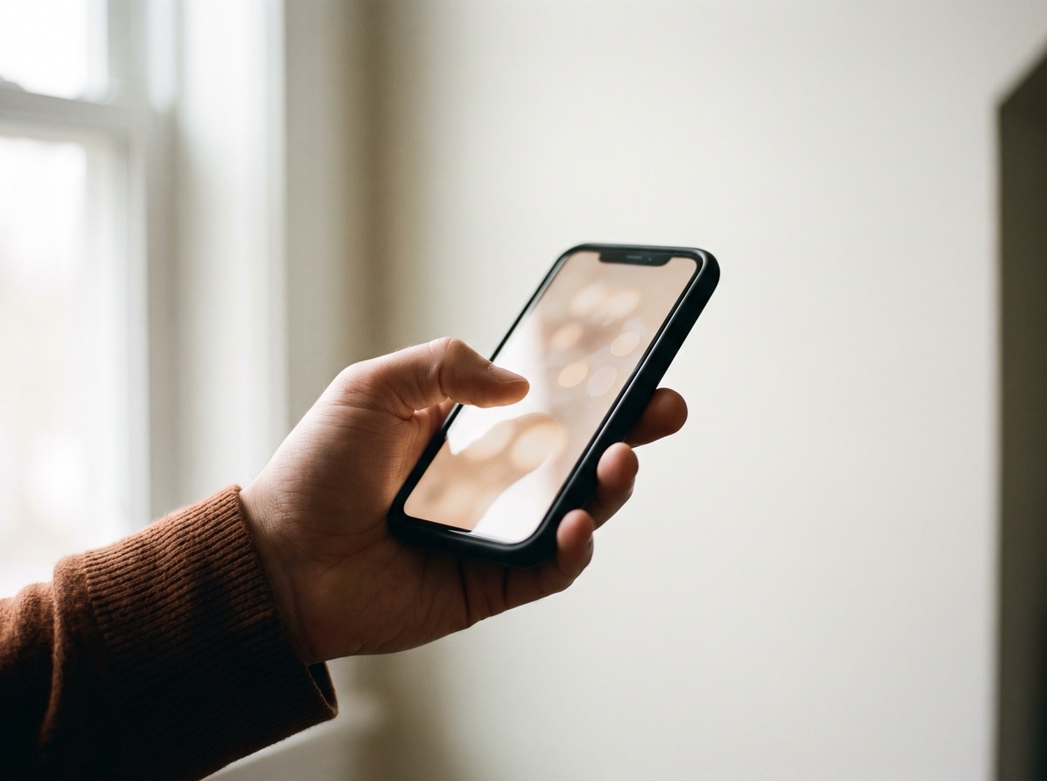 A hand holding a phone showing a care-team message thread in soft daylight.