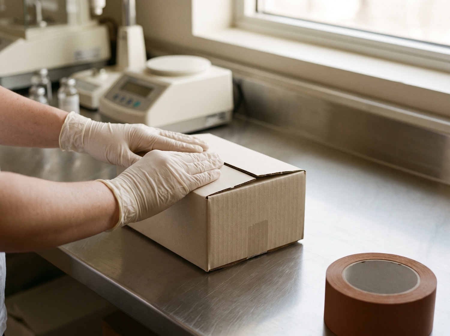 Gloved hands closing a plain shipping box on a steel bench beside pharmacy equipment.