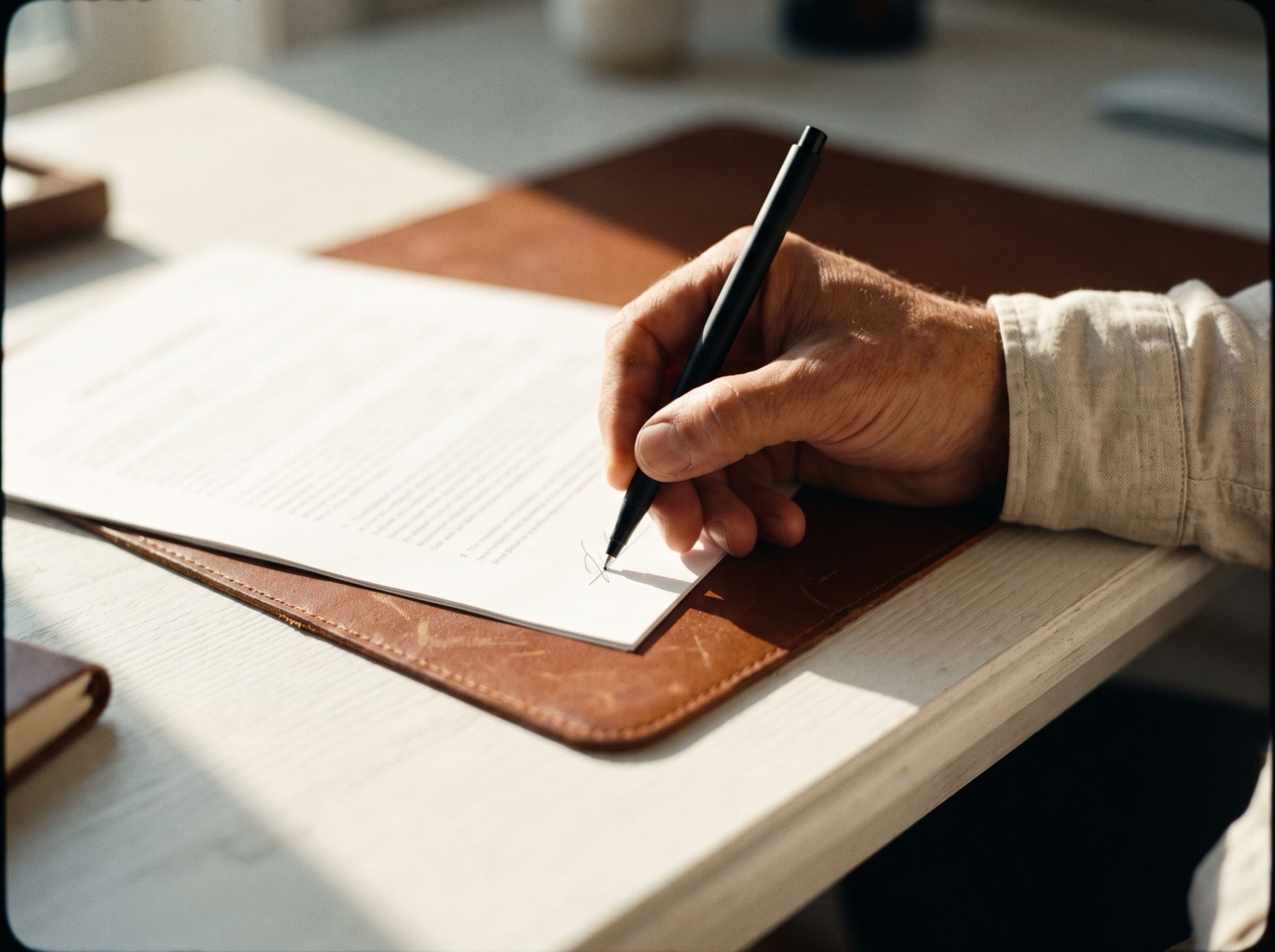A prescription being signed on a wooden desk in warm daylight.