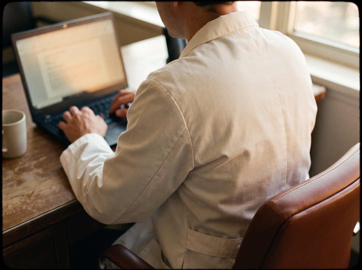 A clinician in a white coat reading a patient record on a laptop by a window.